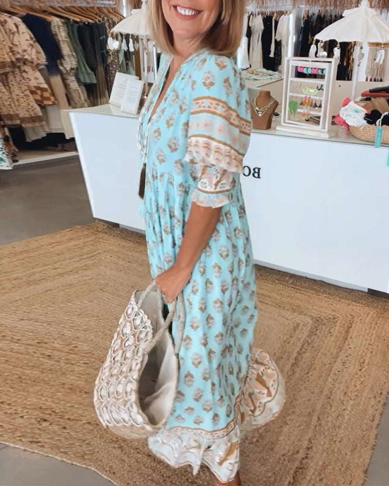 Miya - Casual Printed V-neck Half Sleeve Dress