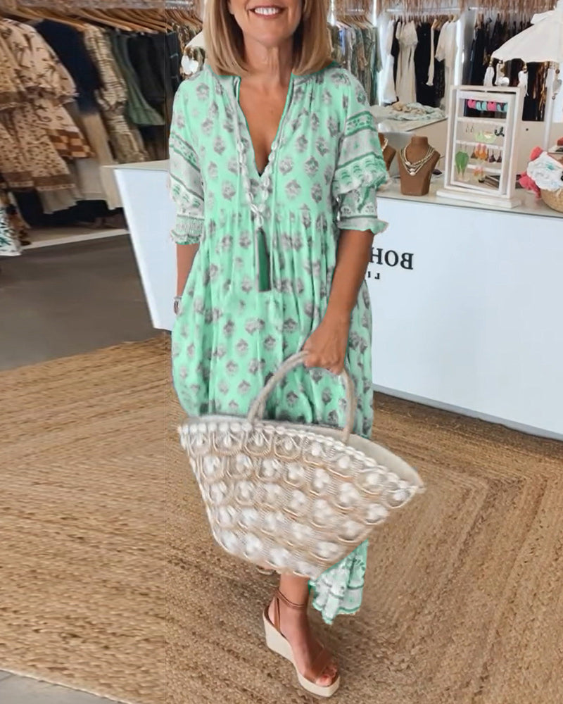 Miya - Casual Printed V-neck Half Sleeve Dress