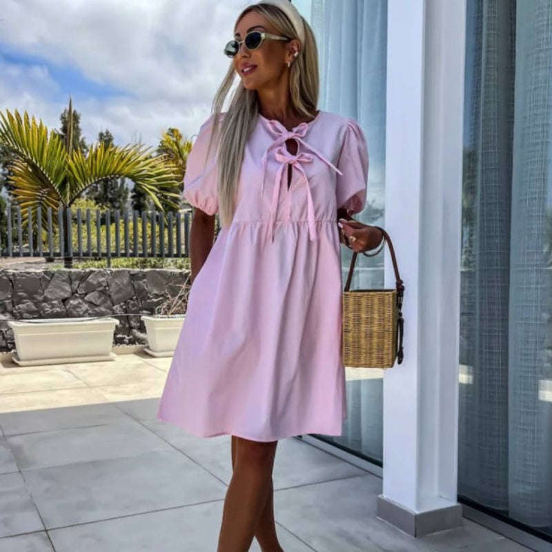 MISAKI - CHIC PUFF SLEEVE BOW TIE DRESS
