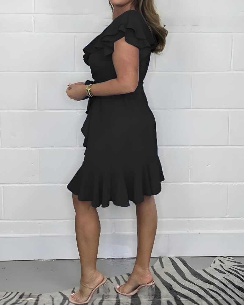 KHLOE - LIGHTWEIGHT V-NECK RUFFLED WAIST DRESS