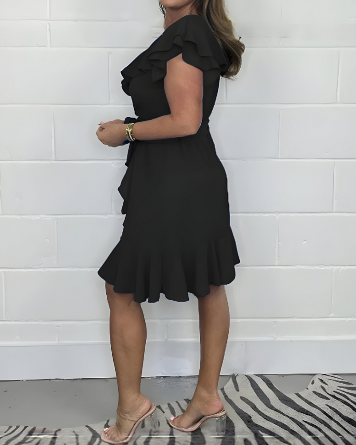 KHLOE - LIGHTWEIGHT V-NECK RUFFLED WAIST DRESS