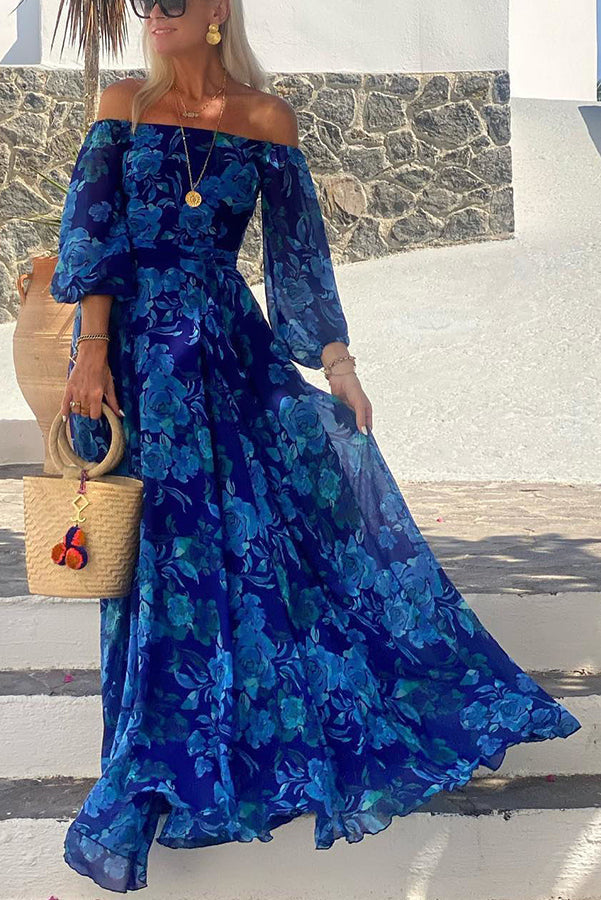 Francesca | Long dress with floral pattern and off-the-shoulder sleeves