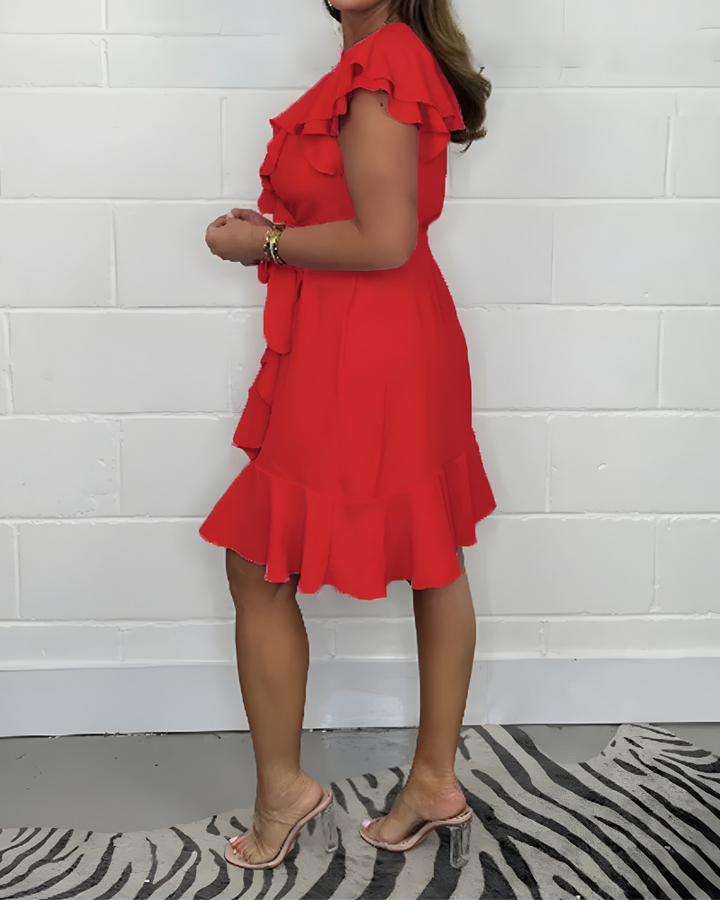 KHLOE - LIGHTWEIGHT V-NECK RUFFLED WAIST DRESS