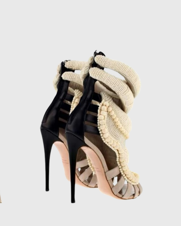 Edith Pearl Embellished Strap Sandals In Black And Beige