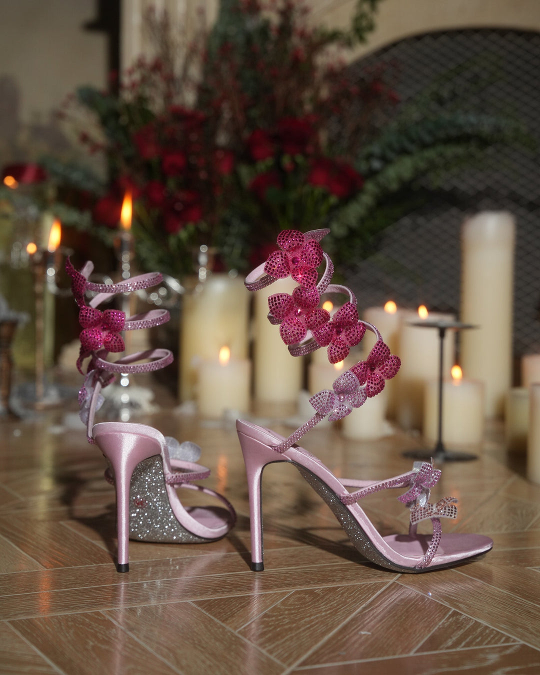 Elisa Flower Embellished Snake Sandals In Pink