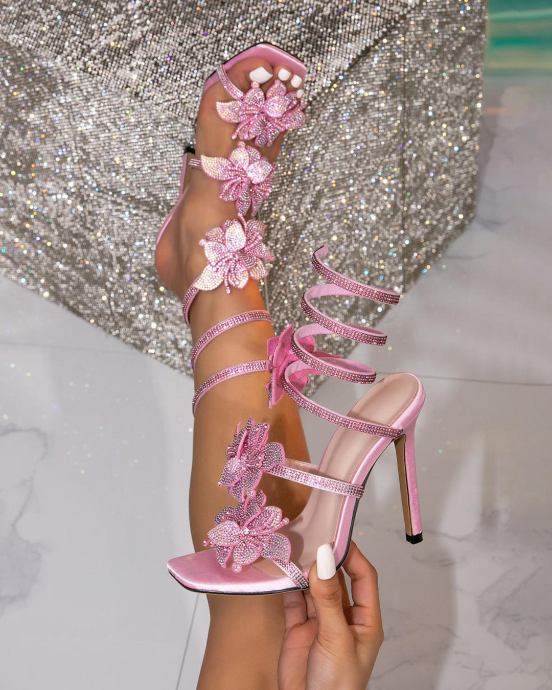 Ester Flower Embellished Snake Sandals In Pink