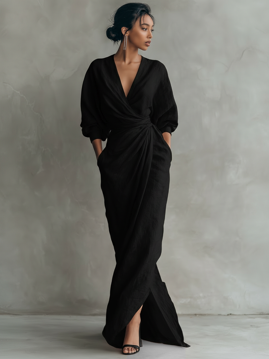 Alméra™ – Draped Linen Maxi Dress