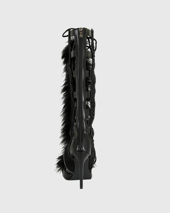Sadiya Faux Fur Knee High Sandals In All Black