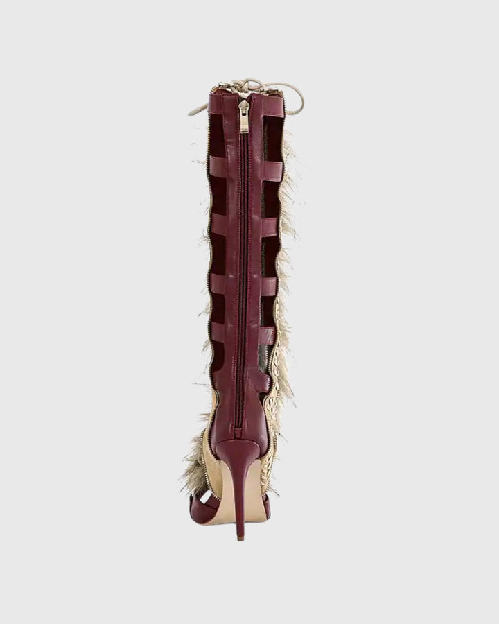 Sadiya Faux Fur Knee High Sandals In Red