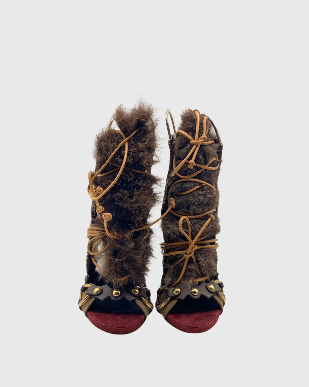 Sadiya Faux Fur Lace Up Suede Sandals In Brown