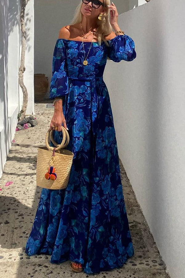 Francesca | Long dress with floral pattern and off-the-shoulder sleeves