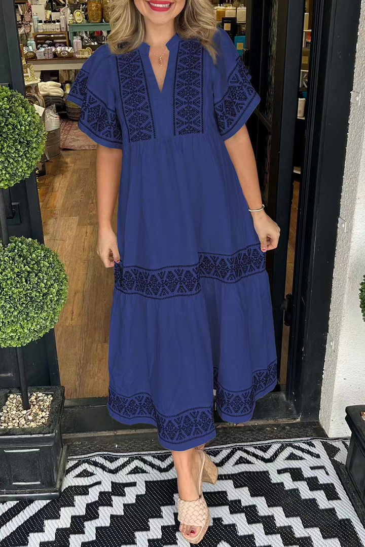 ESTELLA - GEOMETRIC PATCHWORK V-NECK A-LINE DRESS