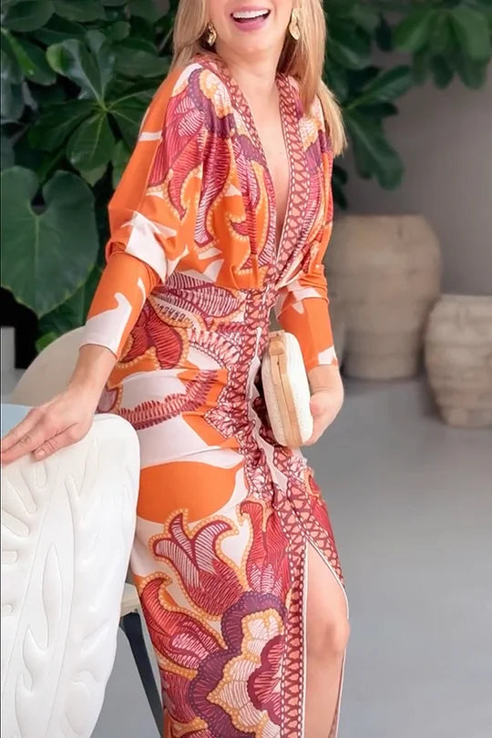 EUGENIA - BRAZILIAN INSPIRED PRINT RUCHED SLIT DRESS