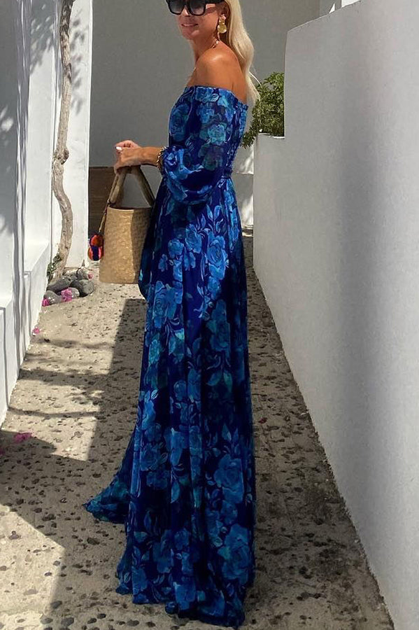 Francesca | Long dress with floral pattern and off-the-shoulder sleeves