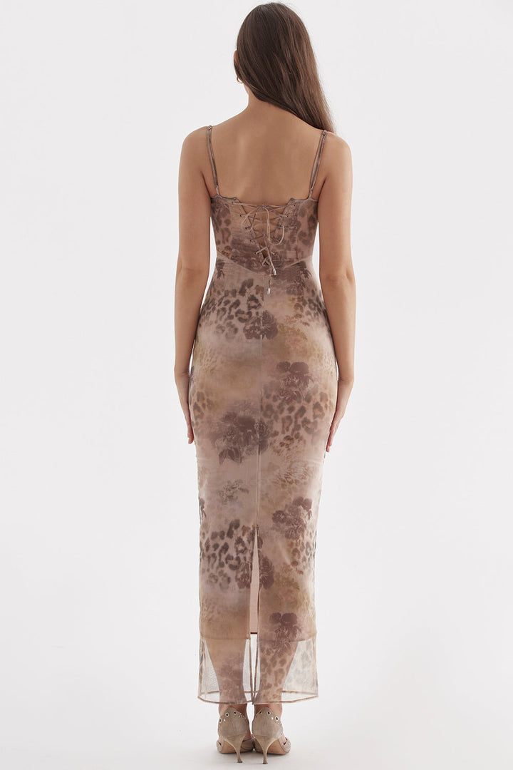 INDIGO - LEOPARD PRINT SLIM STRAP MIDI DRESS