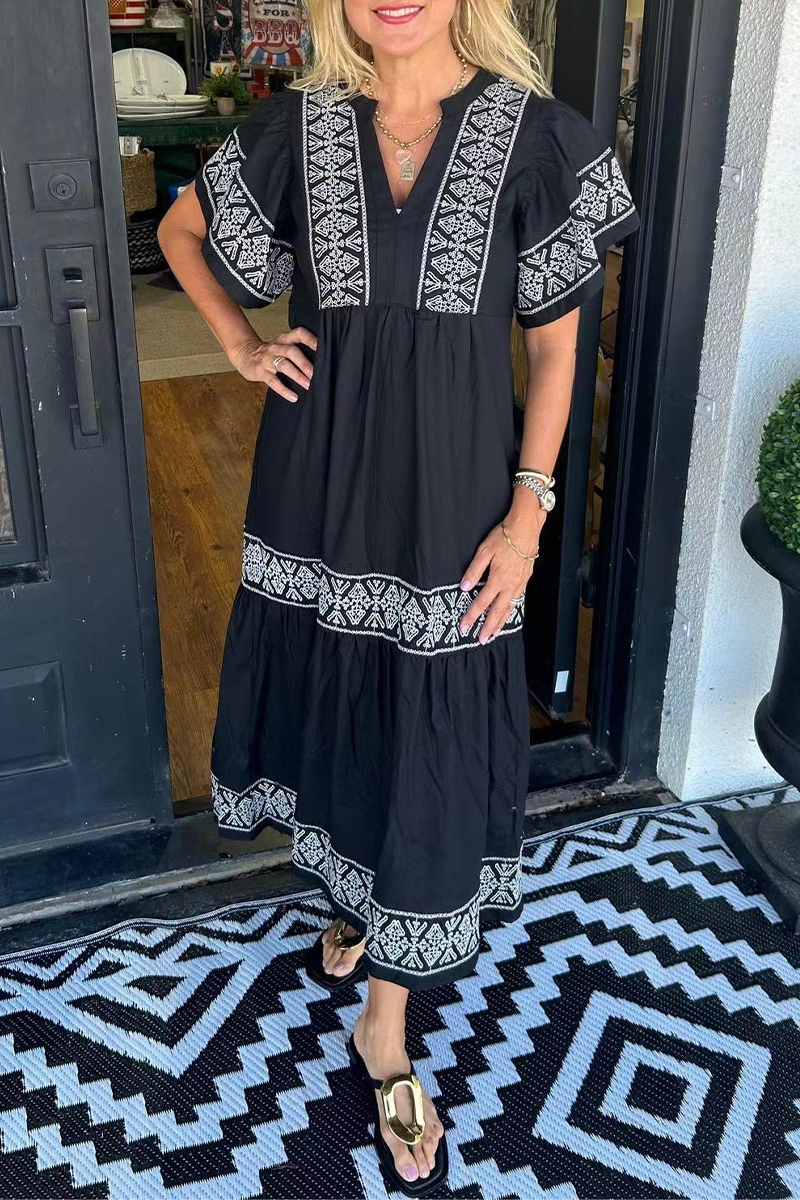 ESTELLA - GEOMETRIC PATCHWORK V-NECK A-LINE DRESS