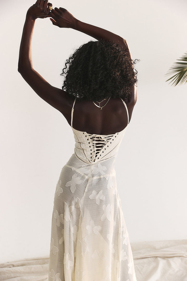 MELISSA - LACE UP FLORAL BACK MAXI GOWN
