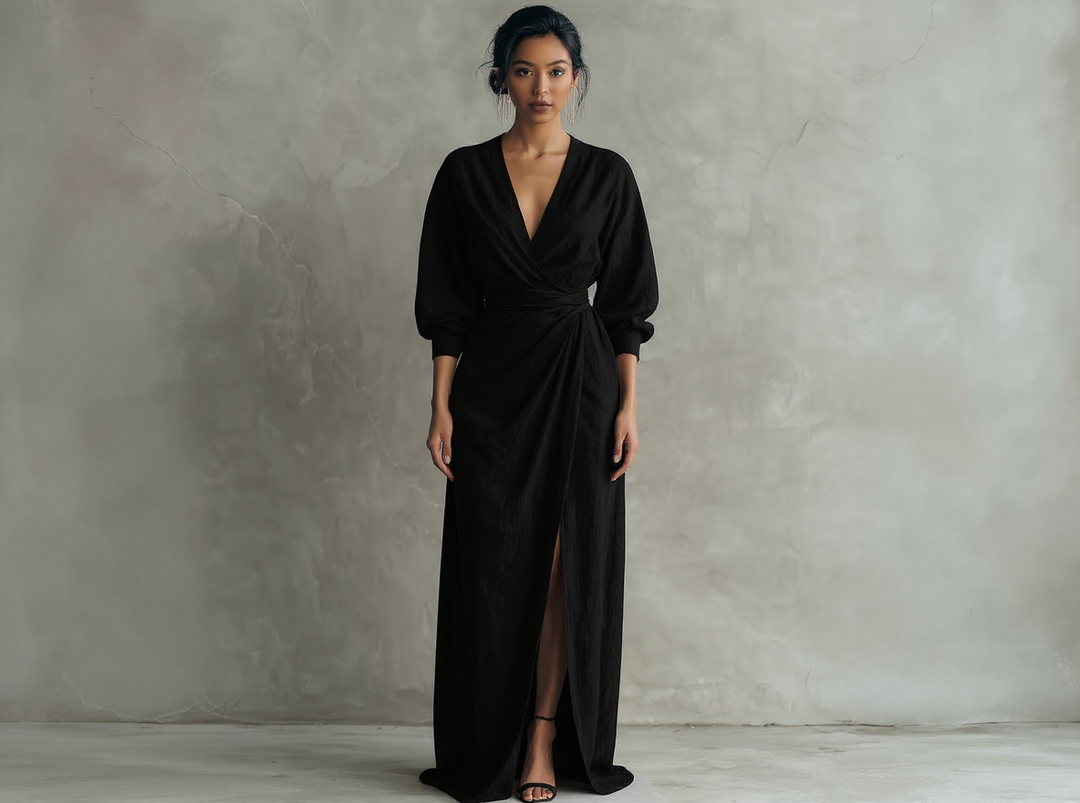 Alméra™ – Draped Linen Maxi Dress