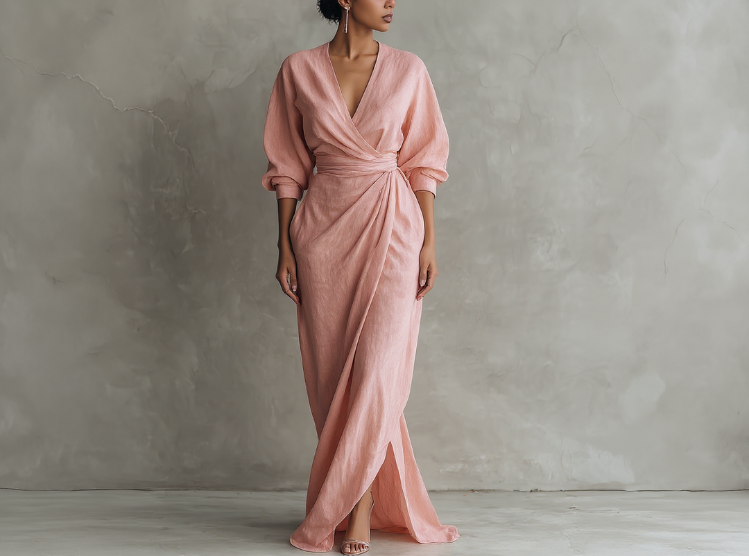 Alméra™ – Draped Linen Maxi Dress