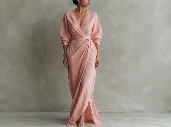 Alméra™ – Draped Linen Maxi Dress
