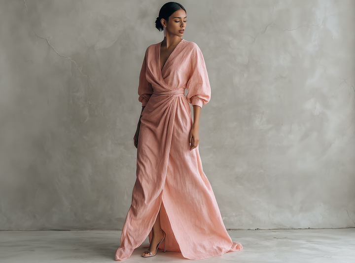 Alméra™ – Draped Linen Maxi Dress